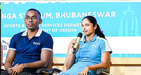 Animesh Kujur (L) and Srabani Nanda address the media on Tuesday