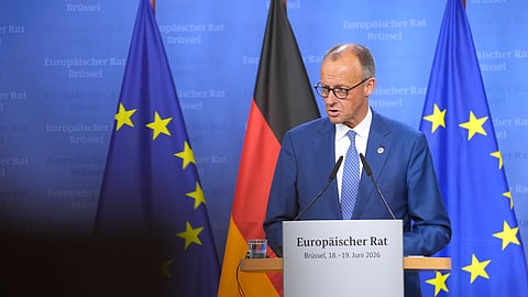 Germany's Chancellor Friedrich Merz speaks during a media conference at the EU summit in Brussels, Friday, June 19, 2026. 