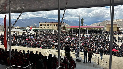 People take part in protest as part of a shutdown announced by LAB and KDA in Leh on Tuesday, June 23, 2026.