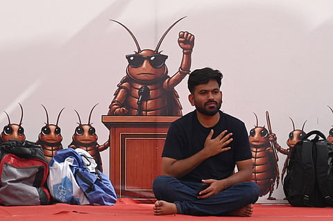 Cockroach Janta Party (CJP) founder Abhijeet Dipke during a protest in Delhi