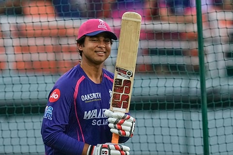 Rajasthan Royals’ Vaibhav Sooryavanshi gestures as he warms up before the start of the Indian Premier League cricket match between Gujarat Titans and Rajasthan Royals in New Chandigarh, India, Friday, May 29, 2026. 