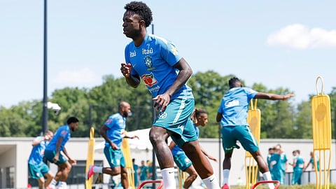Brazil's Vinícius Júnior goes through the drills during practice ahead of their game against Scotland on June 24, 2026.
