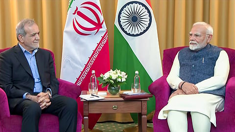 In this photo from Oct. 22, 2024, Prime Minister Narendra Modi holds a bilateral meeting with Iranian President Masoud Pezeshkian on the sidelines of the 16th BRICS summit, in Kazan, Russia.