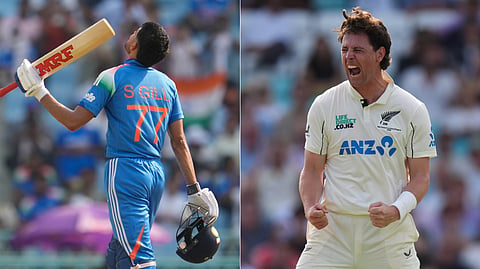 (L) India's captain Shubman Gill celebrates his century during the second ODI cricket match against Afghanistan in Lucknow, June 17, 2026; (R) New Zealand's Matt Henry celebrates taking a wicket during the second cricket Test match against England in London, June 18, 2026.