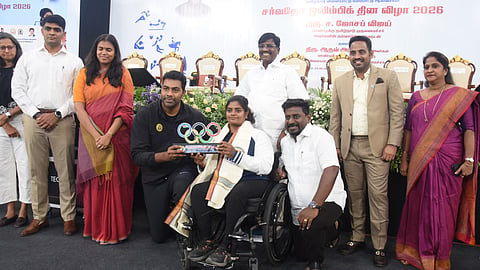 Minister Aadhav Arjuna honours Olympians during the International Olympic Day celebrations organised by SDAT in Chennai on Tuesday.