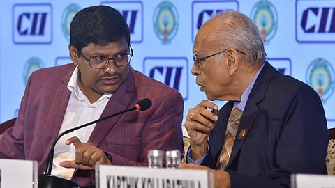 CII Ap chairman Narendra Kumar Saranam and Former CMD, HUDCO & Past National Chairman of CII-Indian Green Building Council V Suresh during the one day conference on Urban Andhra in Vijayawada on Wednesday. 