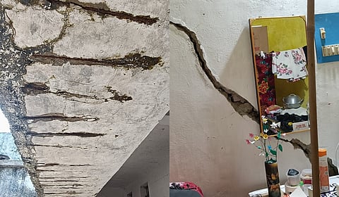 A cracked wall of a room in the girls’ hostel and exposed iron rods in the ceiling of the building.