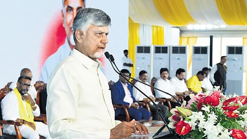 CM Chandrababu Naidu addresses a public meeting during the inauguration of the gold mining project at Jonnagiri in Kurnool district on Wednesday.