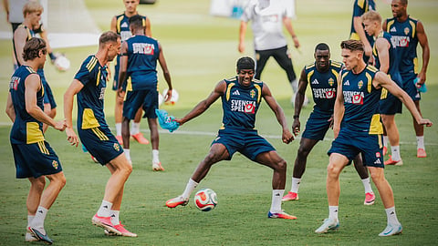 Members of the Sweden squad during a training session ahead of their Group F showdown against Japan.