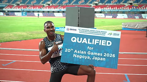 Animesh Kujur celebrates after winning the 200m final on Thursday