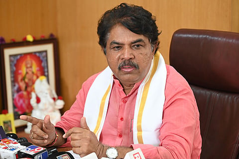 LoP Leader in the Assembly R Ashoka addressing the media at Vidhana Soudha in Bengaluru.