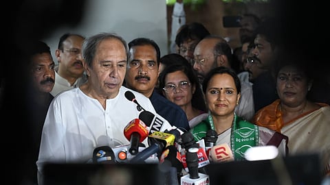 BJD president Naveen Patnaik and former IAS officer Sujata Karthikeyan address the media after she joined the party in Bhubaneswar on Thursday, June 25, 2026.