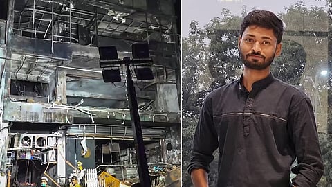 (L) Charred remains of the site of a fire in Lucknow on Monday. (R) Jayant Gupta, 26, had been working at Head Hopper Studio in the building.
