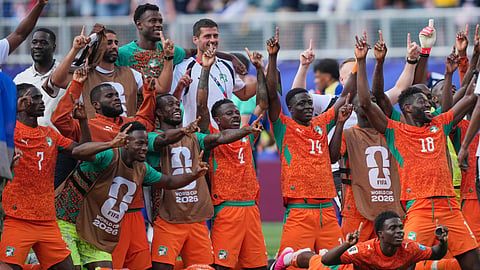 Ivory Coast players celebrate at the end of the World Cup Group E soccer match between Curacao and Ivory Coast in Philadelphia, Thursday, June 25, 2026. 