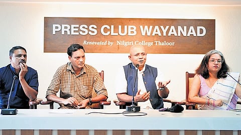 Wayanad Literature Fest founder Dr Vinod K Jose, along with curators V H Nishad and Leena Gita Reghunath, during a press conference in Kalpetta on Thursday.