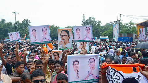 In this photo from July 21, 2026, supporters of the All India Trinamool Congress attend the Martyrs' Rally in Kolkata.