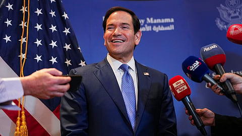 U.S. Secretary of State Marco Rubio speaks with members of the media before departing for Bahrain International Airport after his visit to the Middle East, in Manama, Bahrain Thursday, June 25, 2026.