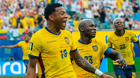 Ecuador's midfielder #19 Gonzalo Plata celebrates scoring his team's second goal during the 2026 World Cup Group E football match between Ecuador and Germany at the New York/New Jersey Stadium in East Rutherford on June 25, 2026. 
