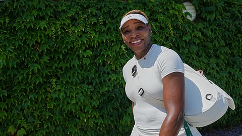 Serena Williams of the US smiles after a training session at the All England Lawn Tennis and Croquet Club ahead of the Wimbledon Championships in London, Thursday, June 25, 2026.