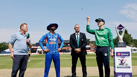 Ireland captain Lorcan Tucker tosses the coin as India captain Shreyas Iyer looks on before the first T20I in Belfast on Friday, June 26, 2026.