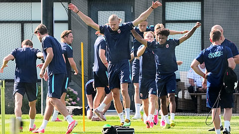 Norway's Erling Haaland exercises with his team during a training session in Foxborough, Mass., near Boston, ahead of the World Cup Group I soccer match between Norway and France, Thursday, June 25, 2026. 