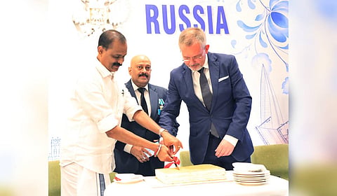 Russian Ambassador to India Denis Alipov and Mayor V V Rajesh cut a ceremonial cake to inaugurate the Russian National Day celebrations organised by the Russian Consulate.