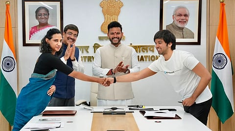 Union Civil Aviation Minister Kinjarapu Ram Mohan Naidu witnesses the signing of an MoU between APDC Chairperson and Managing Director Geetanjali Sharma and Airbound Founder and CEO Naman Pushp in New Delhi on Thursday.