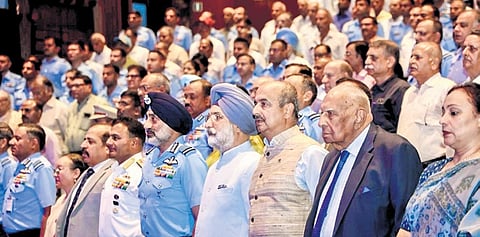 Air Chief Marshal Amar Preet Singh along with Lieutenant-Governor Taranjit Singh Sandhu and others during the Marshal of the Air Force Memorial lecture.