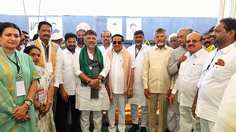 AP CM Nara Chandrababu Naidu, Telangana CM Revanth Reddy, Karnataka CM DK Shiva Krishna and union minister CR Patil during the inaugurating new gates of Tungabhadra Dam on Thursday.