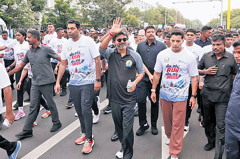 Chief Minister C Joseph Vijay along with participants during the anti-drug awareness marathon conducted in Chennai on Friday.
