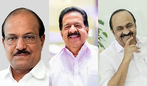 From left to right: Minister for Industries and IT PK Kunhalikutty, Home Minister Ramesh Chennithala, CM VD Satheesan.