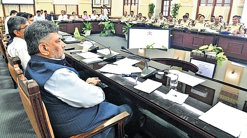 Karnataka CM DK Shivakumar chairing a progress review meeting of the Commercial Taxes Department at Vidhana Soudha.