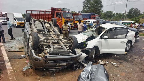 Two people, including a woman, died in a head-on collision between two cars on the Salem-Cochin National Highway near Perumanallur, Tiruppur, on Friday.
