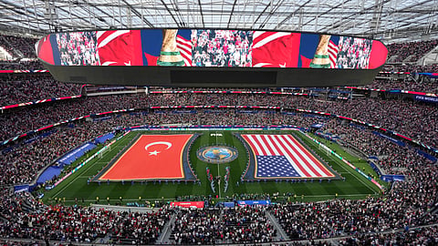 The United States and Turkey players walk on the pitch prior to a World Cup Group D soccer match in Inglewood, Calif., near Los Angeles, on Thursday, June 25, 2026.