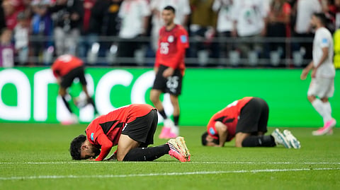 Egypt players react at the end of the World Cup Group G soccer match between Egypt and Iran in Seattle, Friday, June 26, 2026.