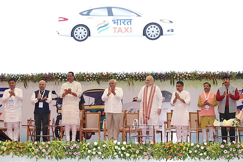 Union Home Minister and Gandhinagar MP Amit Shah on Saturday unveiled the cooperative-based 'Bharat Taxi' service in Gujarat.