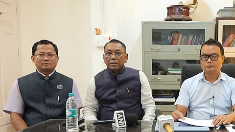 Kuki-Zo Council (KZC) chairman Henlienthang Thanglet (centre) addresses a press conference in Churachandpur.