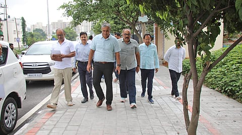 GBA Chief Commissioner M Maheshwar Rao and other officials during an inspection drive in Koramangala on Friday.