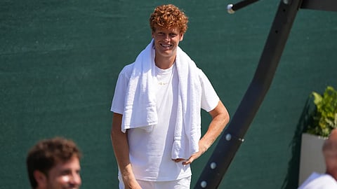 Jannik Sinner of Italy smiles during a training session at the All England Lawn Tennis and Croquet Club, ahead of the Wimbledon Championships in London, Thursday, June 25, 2026.