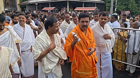 Karnataka BJP president BY Vijayendra at Dharmasthala after offering prayers at the Sri Kshetra Dharmasthala Manjunatha Swamy Temple on Friday.