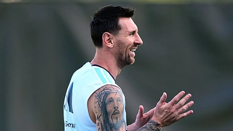 Argentina's Lionel Messi watches training for the World Cup soccer tournament Wednesday, June 24, 2026, in Kansas City, Kan.