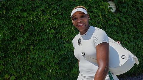 Serena Williams of the United States smiles after a training session at the All England Lawn Tennis and Croquet Club, ahead of the Wimbledon Championships in London, Thursday, June 25, 2026.