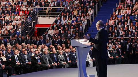 Russian President Vladimir Putin addresses the United Russia party congress in Moscow on Sunday, June 28, 2026.
