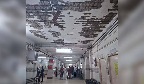 The roof of the ground floor at Old OP Building in Coimbatore Medical College Hospital has exposed concrete steel bars posing threat to public. 