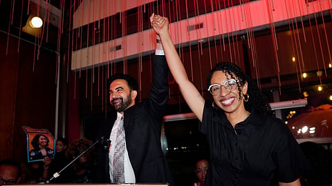 New York City Mayor Zohran Mamdani celebrates with Democratic congressional candidate Darializa Avila Chevalier during an election night watch party Tuesday, June 23, 2026, in New York. 