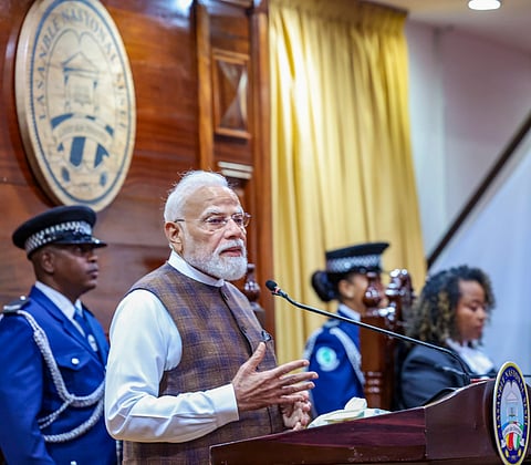 Prime Minister Narendra Modi gives an address in the Seychelles National Assembly, in Seychelles.