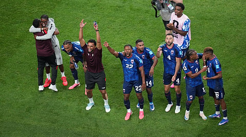 Cape Verde players celebrate after advancing during the World Cup Group H soccer match between Cape Verde and Saudi Arabia in Houston, Friday, June 26, 2026.
