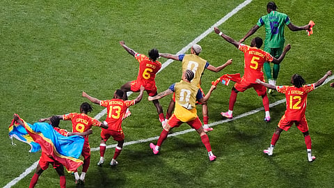 Congo players celebrate after the World Cup Group K soccer match between DR Congo and Uzbekistan in Atlanta, Saturday, June 27, 2026. 