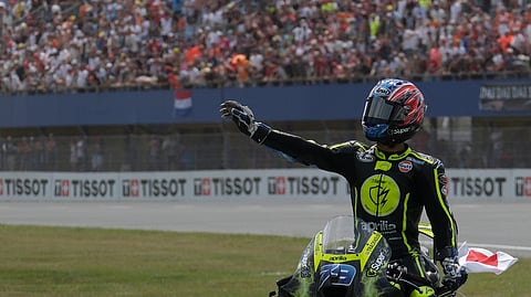 Race winner Japan's rider Ai Ogura of the Trackhouse MotoGP Team celebrates after the MotoGP race at the Grand Prix of the Netherlands in Assen, northern Netherlands, Sunday, June 28, 2026.