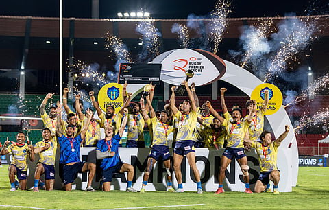 Players from Hyderabad Heroes celebrate their victory on Sunday